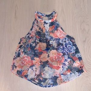 ASTR Coral and Blue floral open back high neck tank size XS